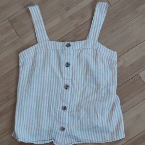 J. Crew Cream and Tan Striped Linen Blend Button-Front Tank